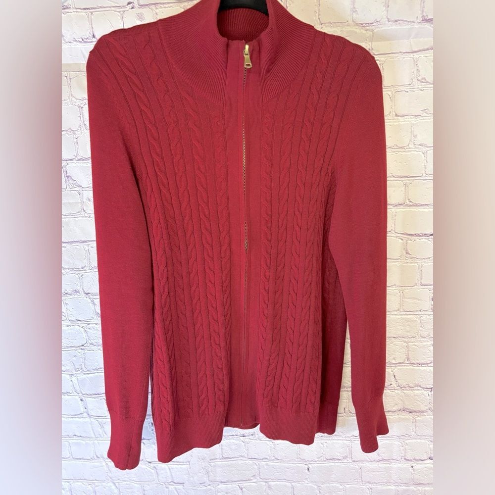 Talbots Red Cable Knit Front Full Zipper Preppy Dark Academia Cardigan Size L